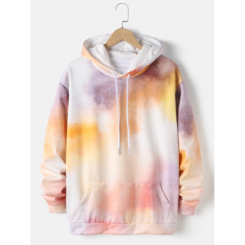 Mens Tie-Dye Print Drawstring Pullover Hoodie With Kangaroo Pocket