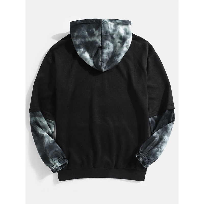 Mens Tie Dye Print Patchwork Doctor Sleeve Cotton Kangaroo Pocket Drawstring Hoodies
