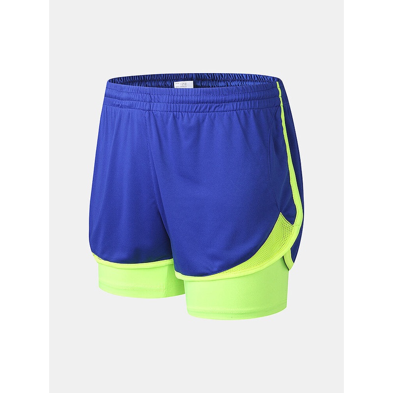 Mens Two Tone Patchwork Sports Training Stretch Slim Fit Double Layered Beach Shorts