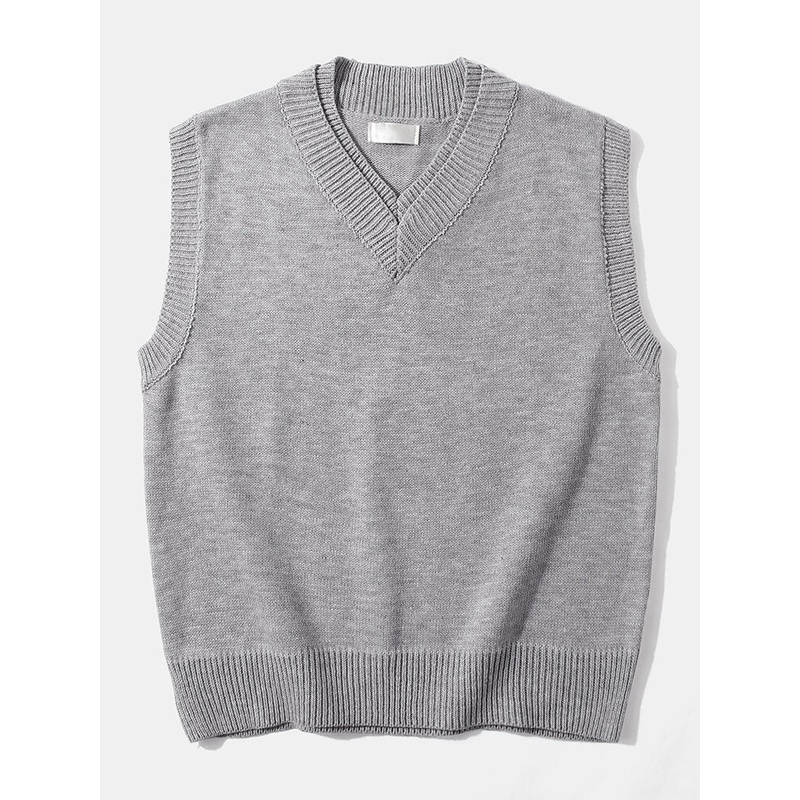 Mens V-Neck Solid Color Sleeveless Casual Cotton Knitted Sweater Vests