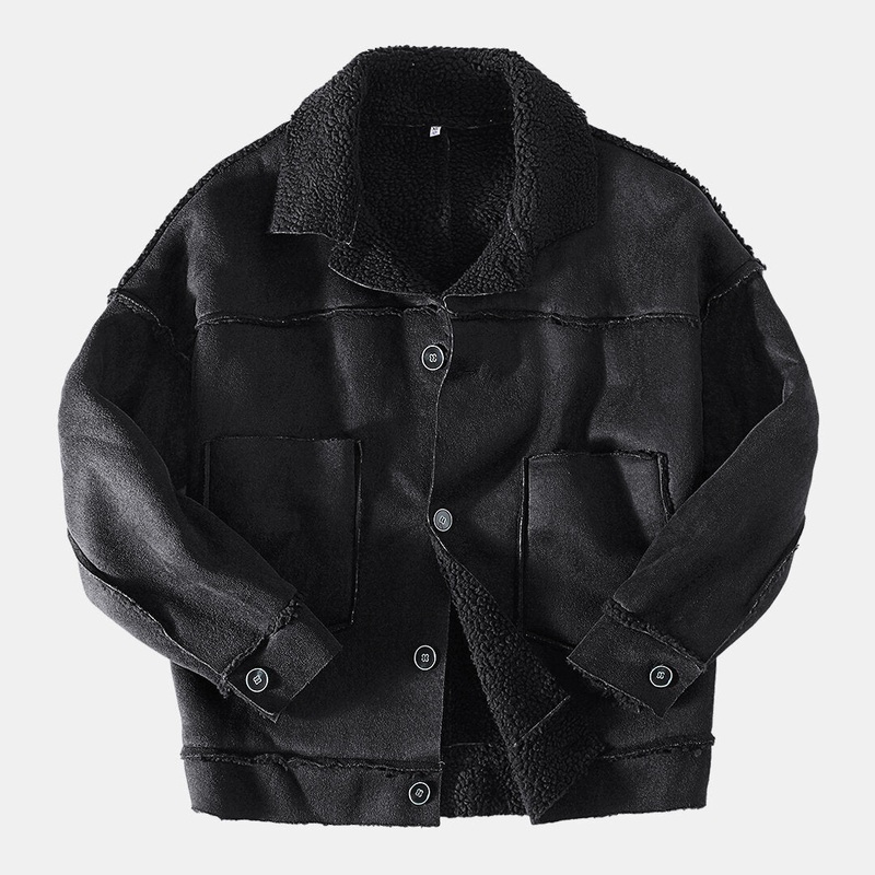 Mens Vintage Fleece Long Sleeve Double Big Pockets Casual Coats
