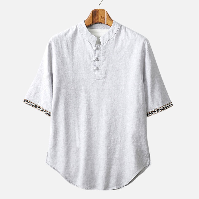 Mens Vintage Loose Buttons Stand Collar Short Sleeve Casual T-shirts