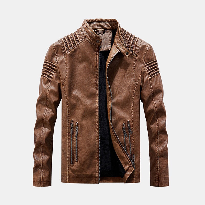 Mens Vintage PU Windproof Zippers Stand Collar Thick Casual Jacket