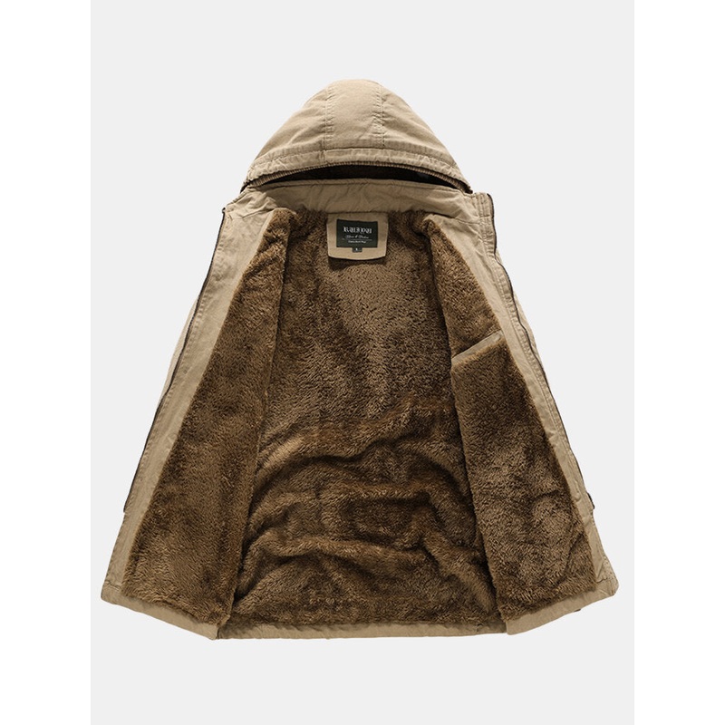 Mens Winter Thicken Fleece Lined Multi-Pocket Outdoor Casual Cotton Hooded Parkas