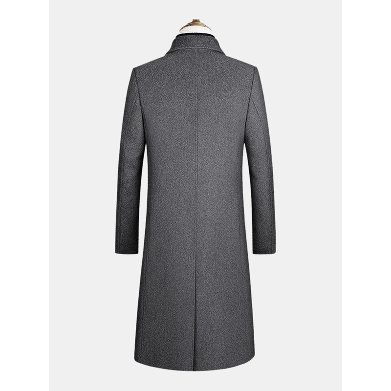 Mens Woolen Single-Breasted Flat Collar Casual Long Trench Coats With Flap Pocket