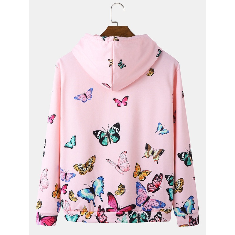 Men Butterfly Pattern Kangaroo Pocket Drawstring Hooded Sweatshirt