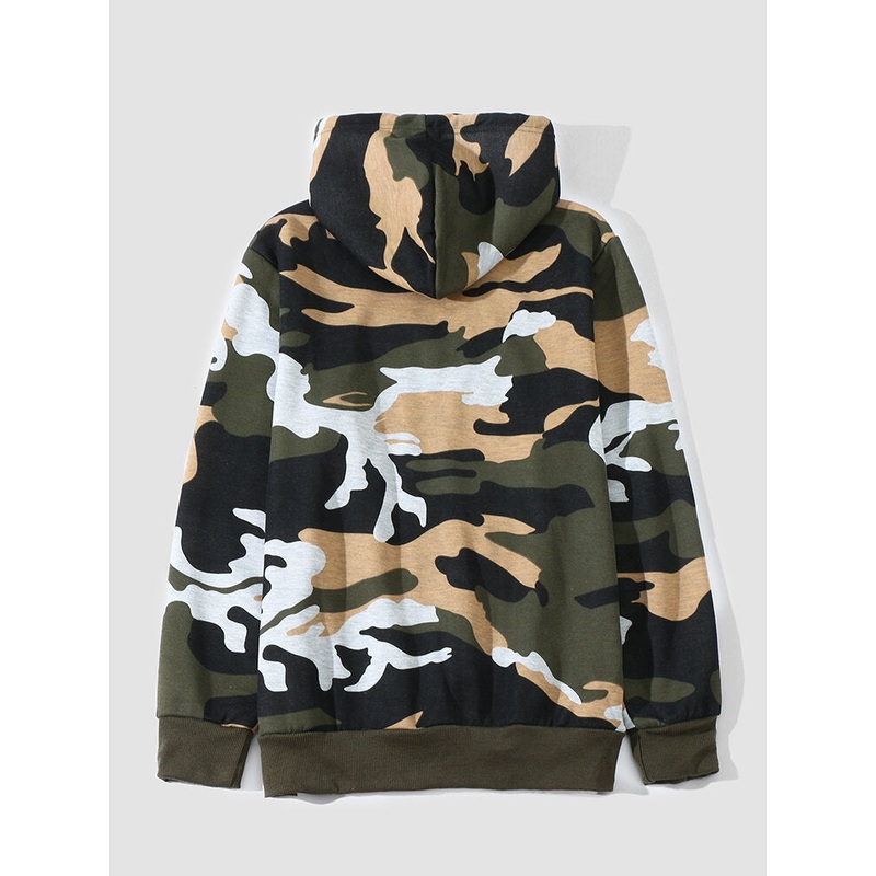 Men Camo Print Kangaroo Pocket Bodycorn Hem Casual Hooded Sweatshirt