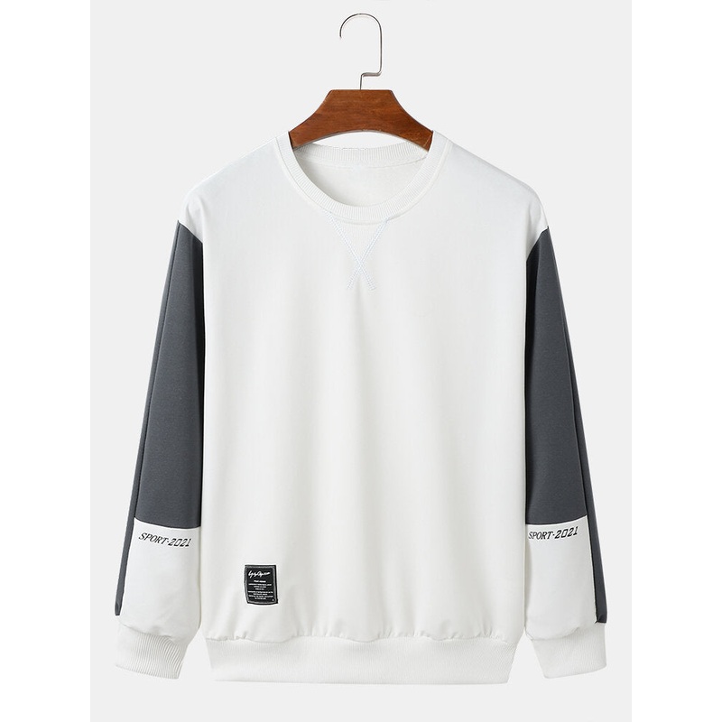 Men Color Block Letter Round Neck Pullover Long Sleeve Sweatshirt