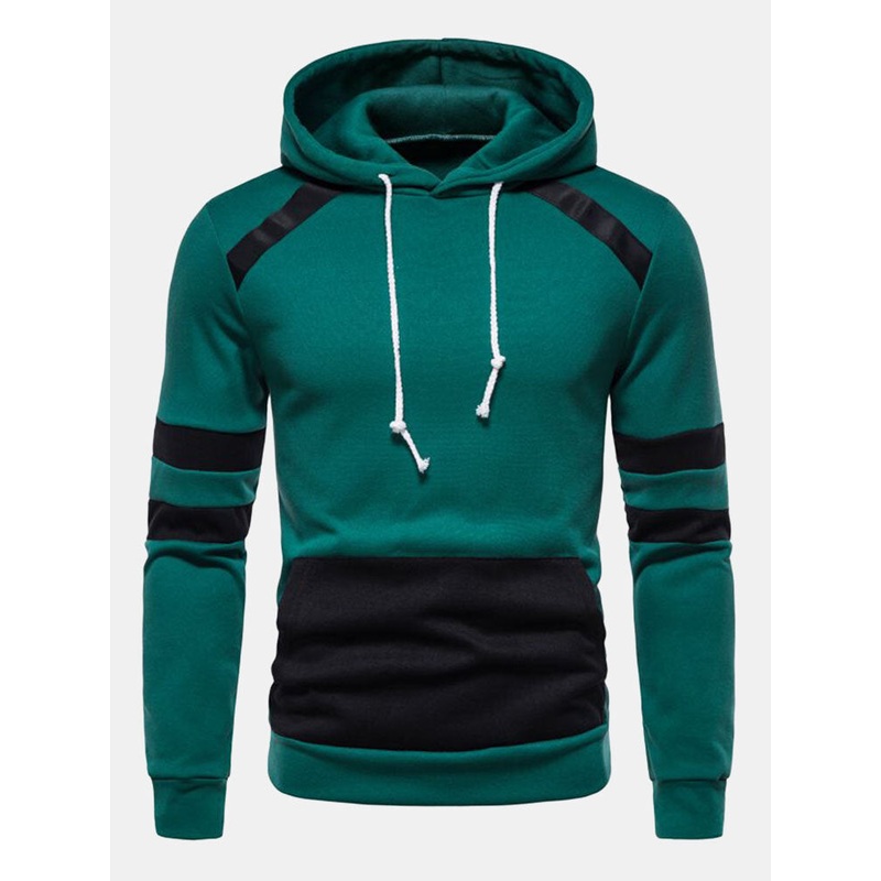 Men Color Block Strip Patch Kangaroo Pocket Drawstring Casual Hooded Sweatshirt