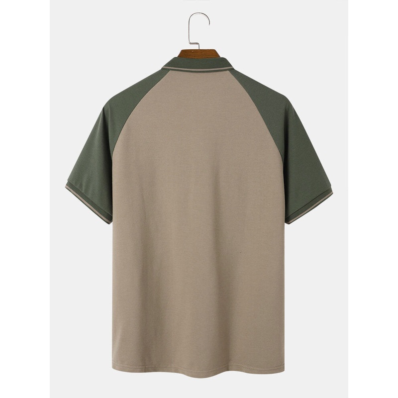 Men Cotton Colorblock Zip Front Chest Pocket Business Short Sleeve Polos Shirts