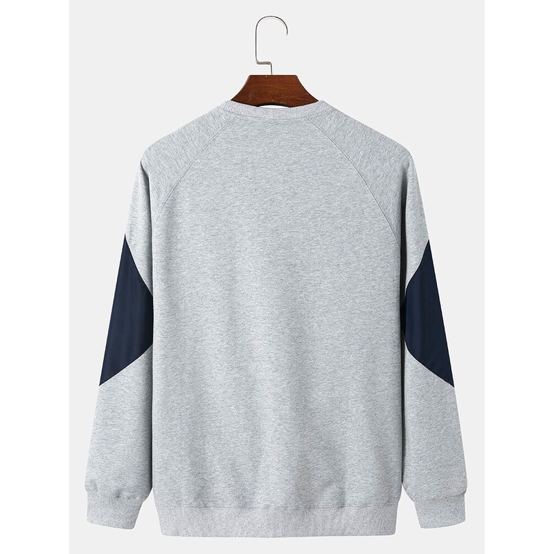Men Cotton Geometric Patchwork Round Neck Pullover Sweatshirt