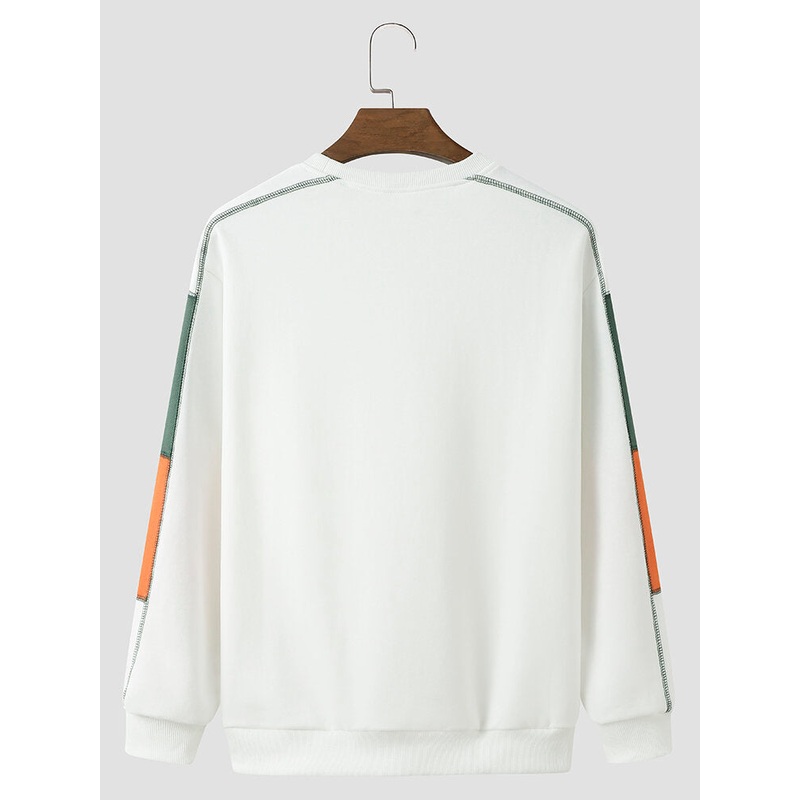 Men Cotton Patchwork Letter Print Crew Neck Pullover Sweatshirt