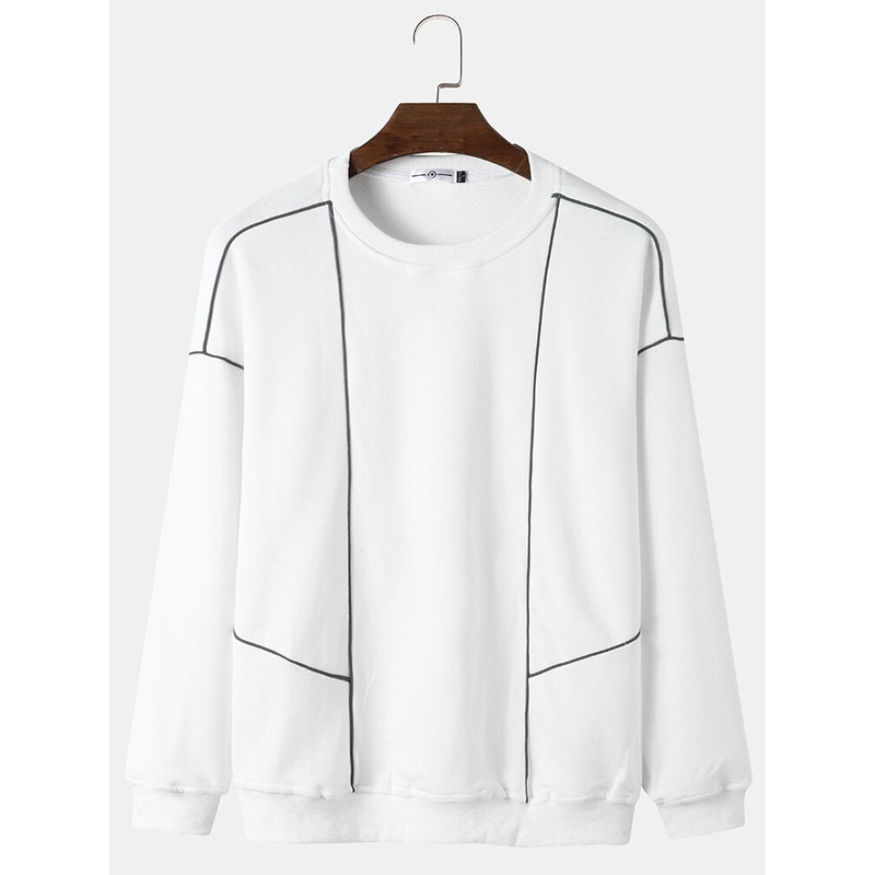Men Design Line Solid Round Neck Pullover Casual Pullover Sweatshirt