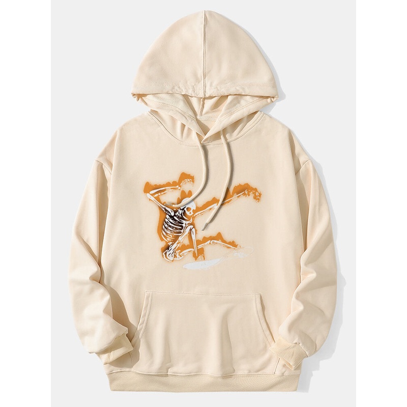 Men Halloween Skeleton Graphic Kangaroo Pocket Street Drawstring Hoodies