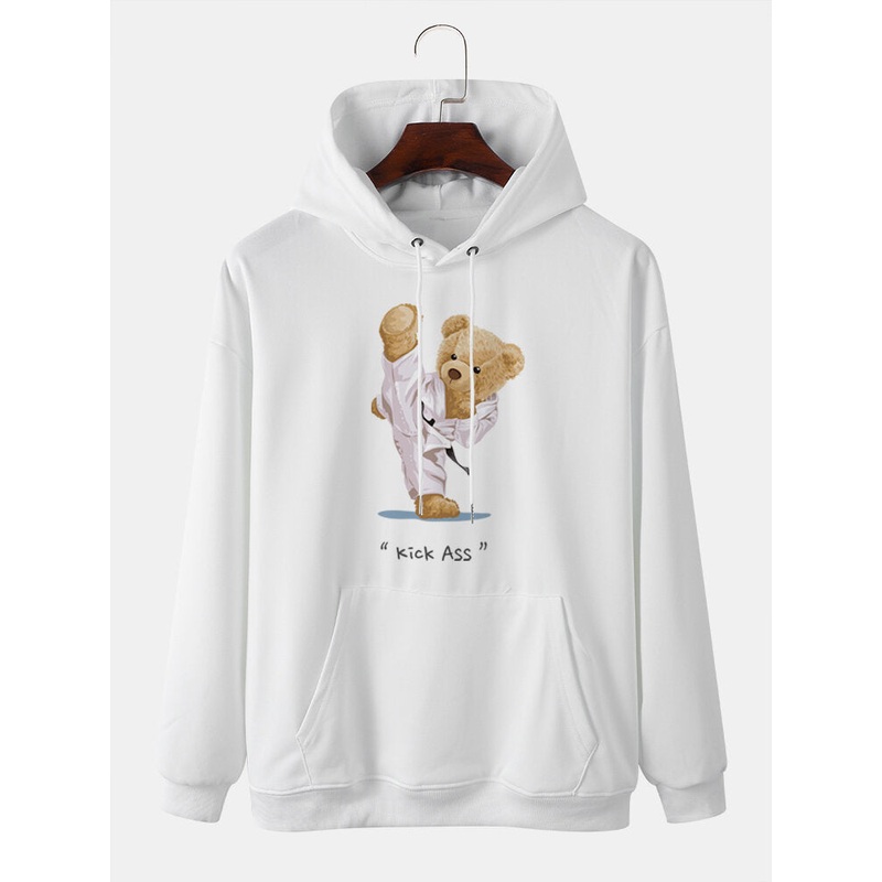Men Kung Fu Bear Printed Letter Kangaroo Pocket Drop Shoulder Hooded Sweatshirt