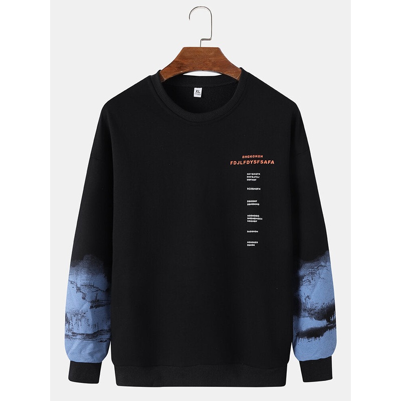 Men Landscape Pattern Patchwork Long Sleeve Pullover Sweatshirt