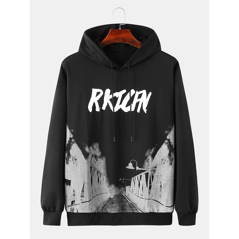 Men Landscape Printed Pattern Letter Drawstring Hooded Sweatshirt