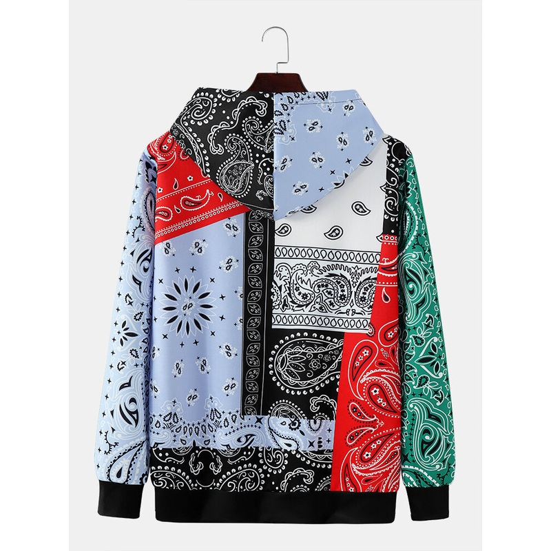 Men Paisley Contrast Color Patchwork Kangaroo Pocket Hooded Sweatshirt