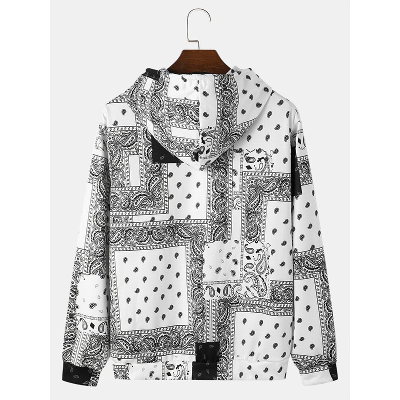 Men Paisley Retro Ethnic Contrast Hooded Sweatshirt Kangaroo Pockets Hooded Sweatshirt