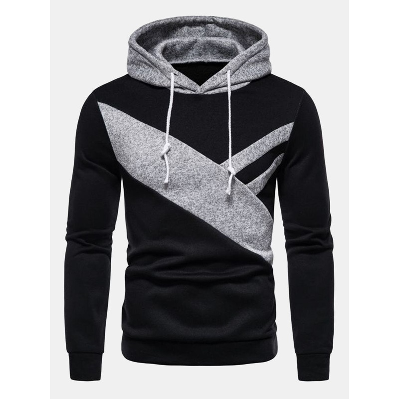 Men Patchwork Contrast Color Drop Shoulder Drawstring Casual Hooded Sweatshirt