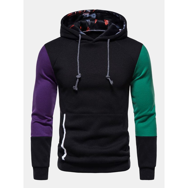 Men Patchwork Design Contrast Pocket Printed Drawstring Street Hooded Sweatshirt