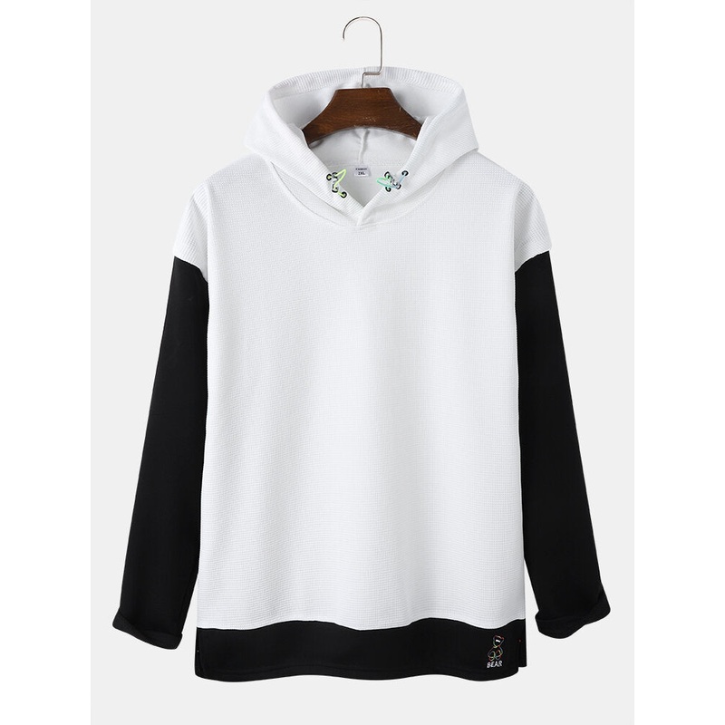 Men Patchwork Embroidery Contrast Color Block Drawstring Hooded Sweatshirt