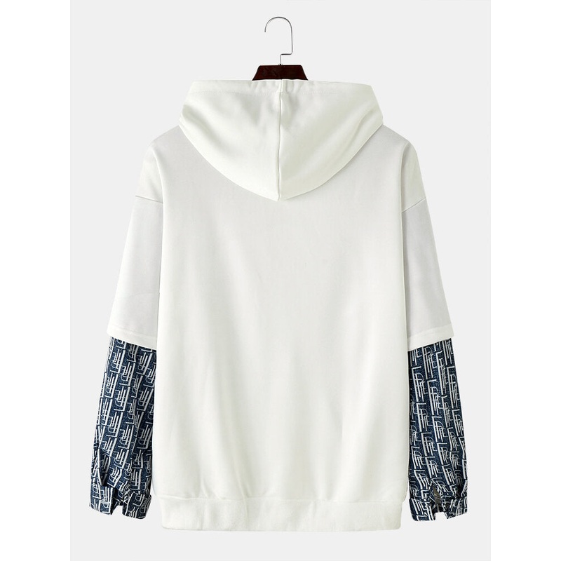 Men Patchwork Faked Two Panda Letter Pocket Preppy Hooded Sweatshirt