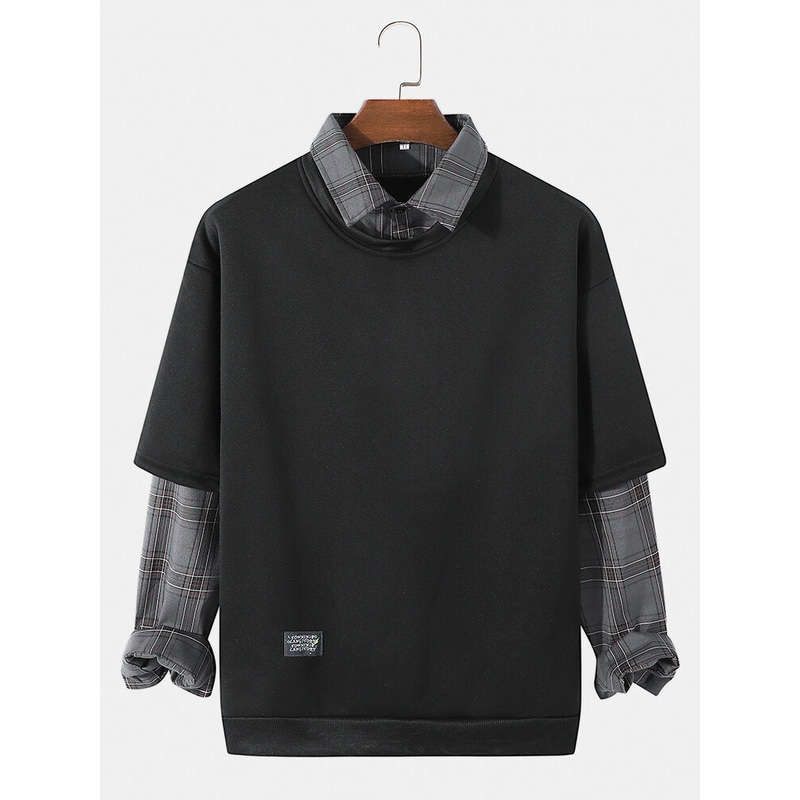 Men Patchwork Fakes Two Plaid Shirt Contrast Trendy Pullover Sweatshirt