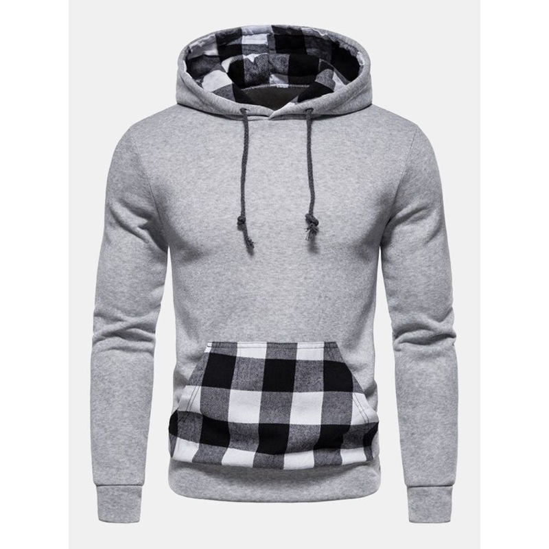 Men Patchwork Plaid Kangaroo Pocket Drawstring Casual Hooded Sweatshirt