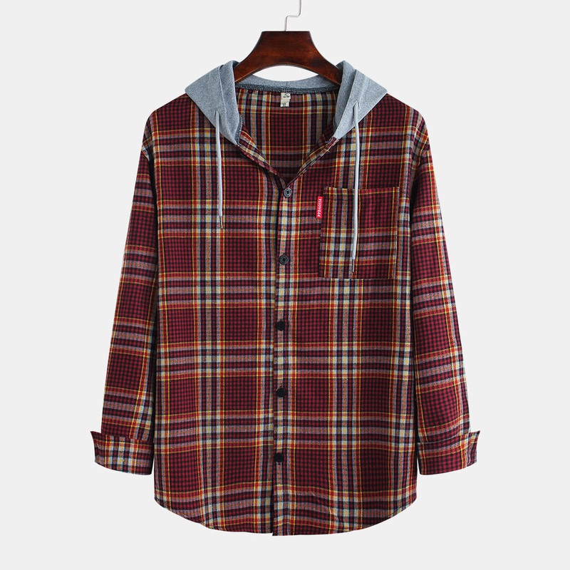 Men Plaid Casual Loose Cotton Long Sleeve Hooded Shirts