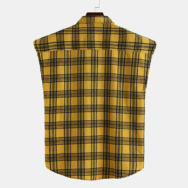Men Plaid Sleeveless Lapel Loose Shirts