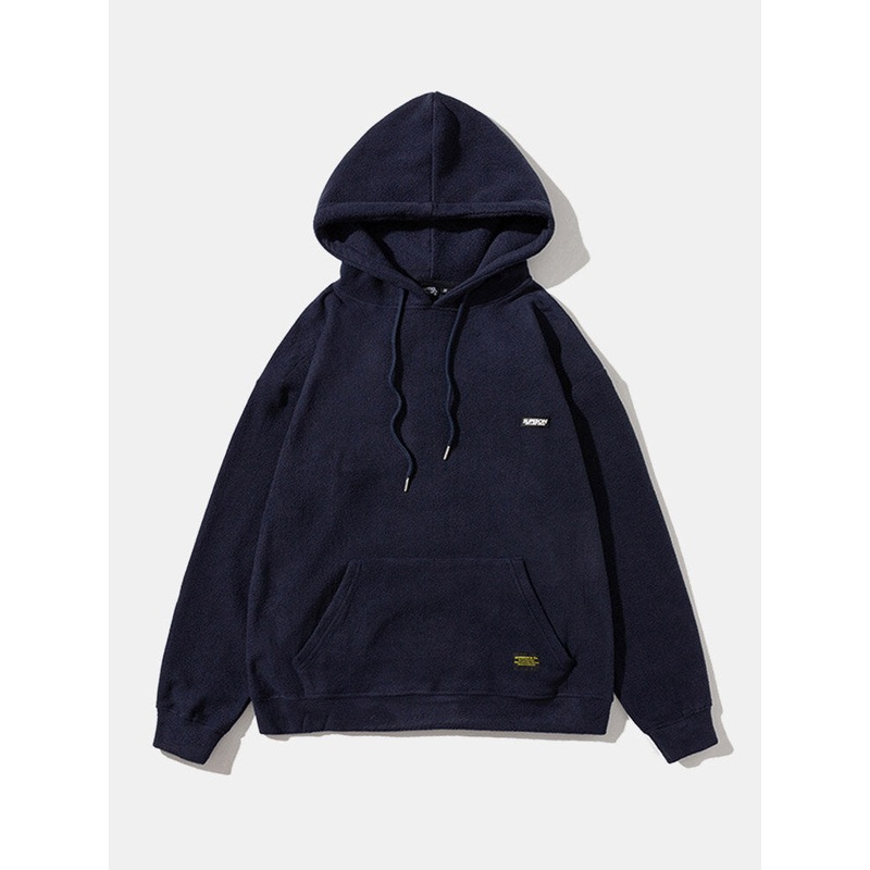 Men Polar Fleece Drawstring Kangaroo Pocket Solid Hooded Sweatshirt