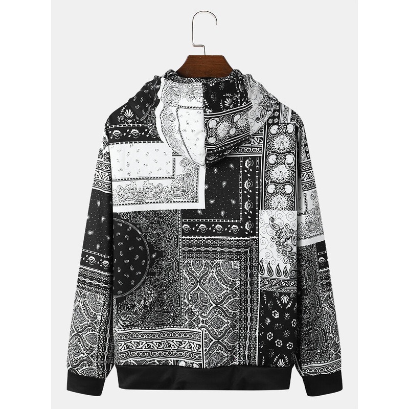 Men Retro Paisley Ethnic Contrast Front Pocket Drawstring Hoodies
