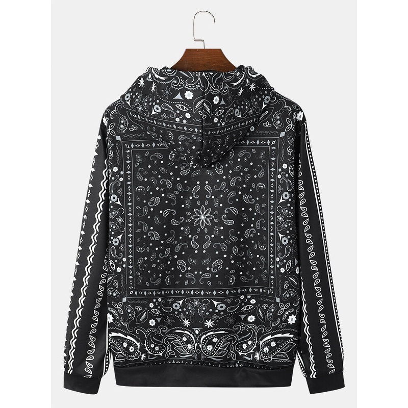 Men Retro Paisley Ethnic Front Pocket Pattern Drawstring Hoodies