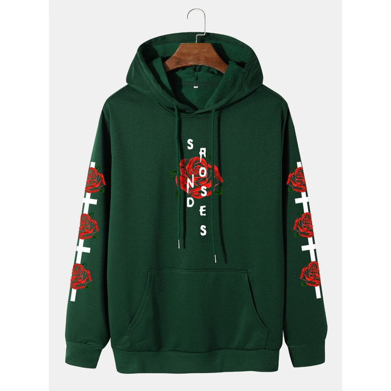 Men Rose Flower Letter Kangaroo Pocket Drawstring Casual Hooded Sweatshirt