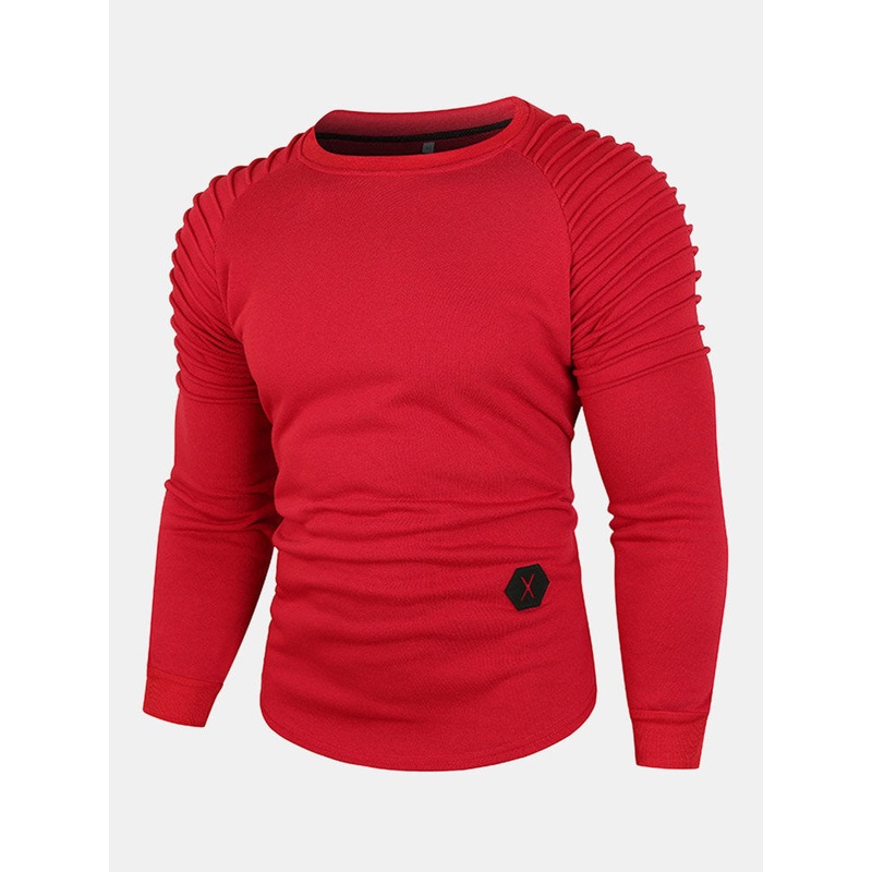 Men Solid Fleece Pleated Crew Neck Casual Pullover Sweatshirt