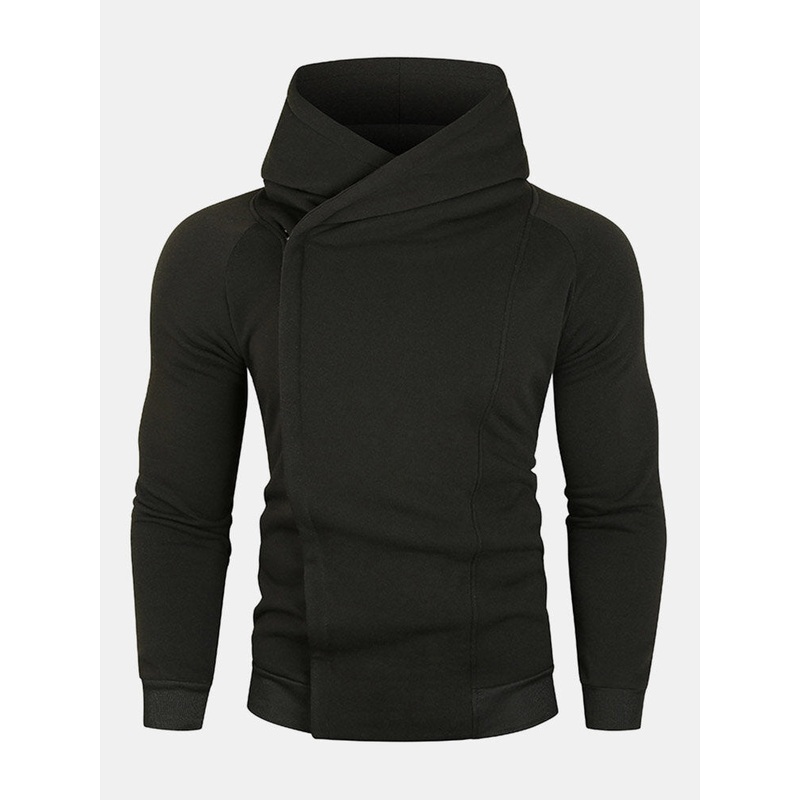 Men Solid Zipper Raglan Sleeve Design Sport Hooded Sweatshirt