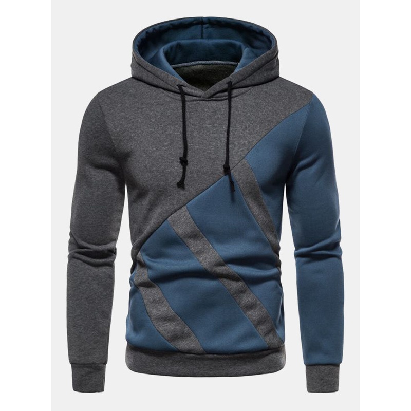Men Splicing Contrast Color Slant Strip Drawstring Casual Hooded Sweatshirt