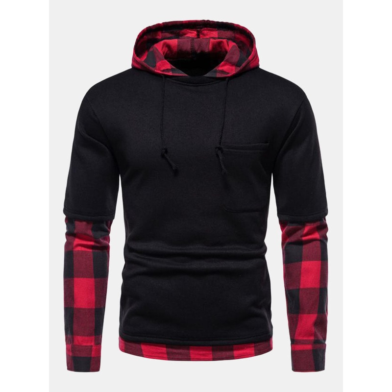 Men Splicing Plaid Fakes Two Contrast Pocket Pullover Hooded Sweatshirt