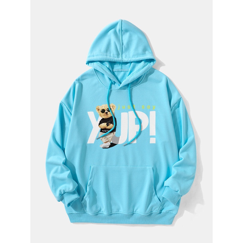 Men Teddy Bear Letter Print Kangaroo Pocket Drop Shoulder Hooded Sweatshirt