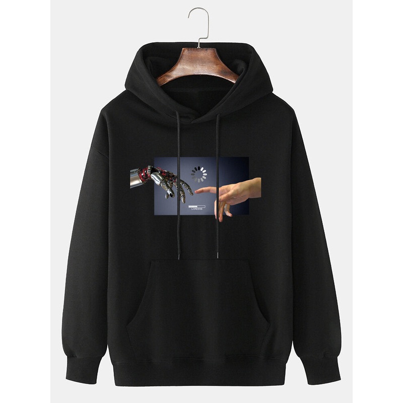 Mens 100% Cotton Design Gesture Print Drop Shoulder Hoodies With Kangaroo Pocket