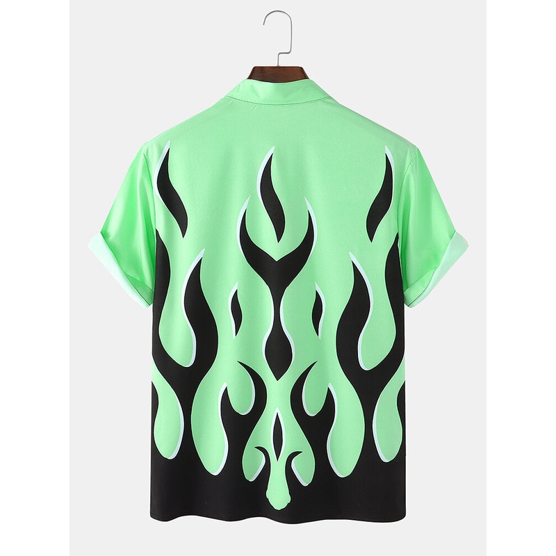 Mens Abstract Flame Print Lapel Short Sleeve Street Shirts