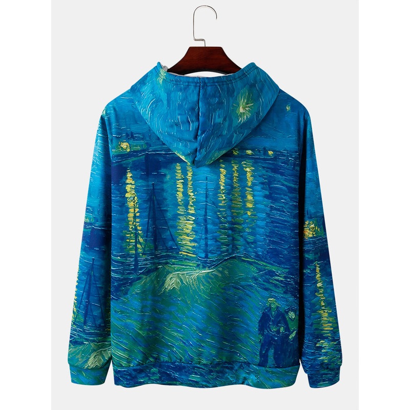 Mens All Over Landscape Painting Print Drawstring Overhead Hoodies