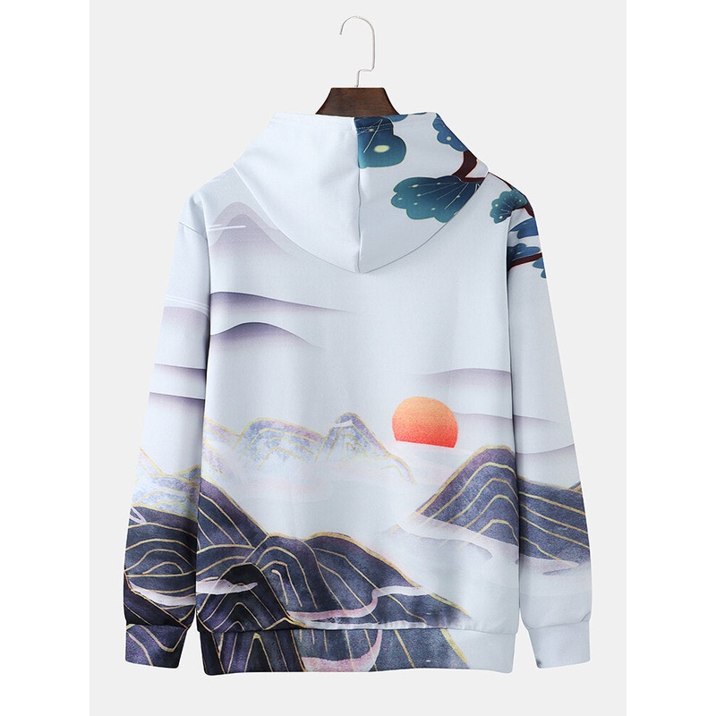 Mens All Over Landscape Print Casual Drawstring Pullover Hoodies