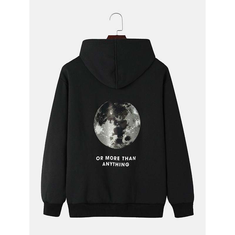 Mens Back Moon Graphic Slogan Plush Lined Warm Cotton Drawstring Hoodies