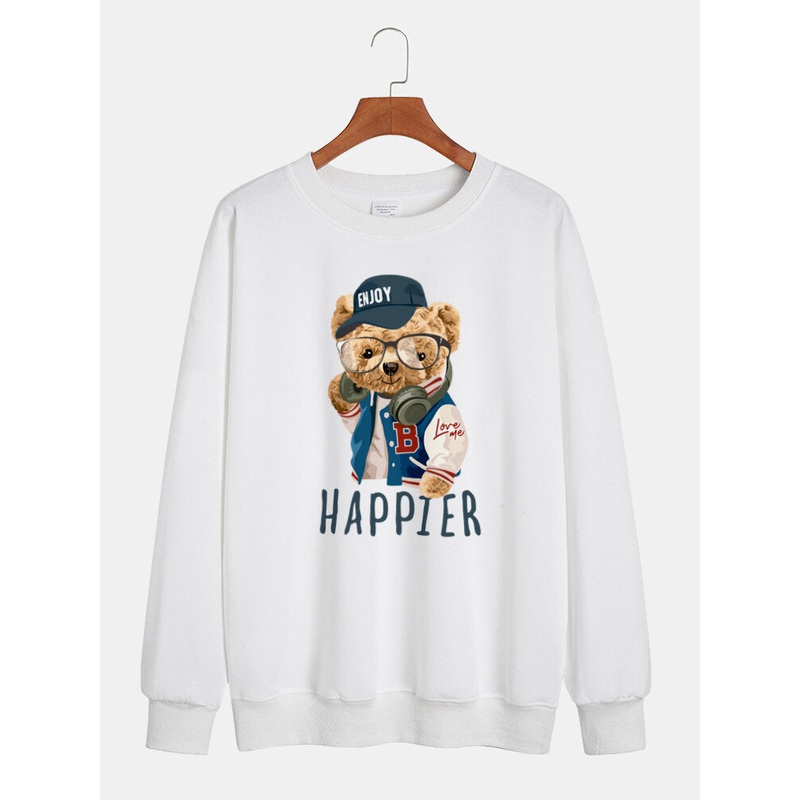 Mens Bear Cartoon Printed Preppy Crew Neck Sweatshirt