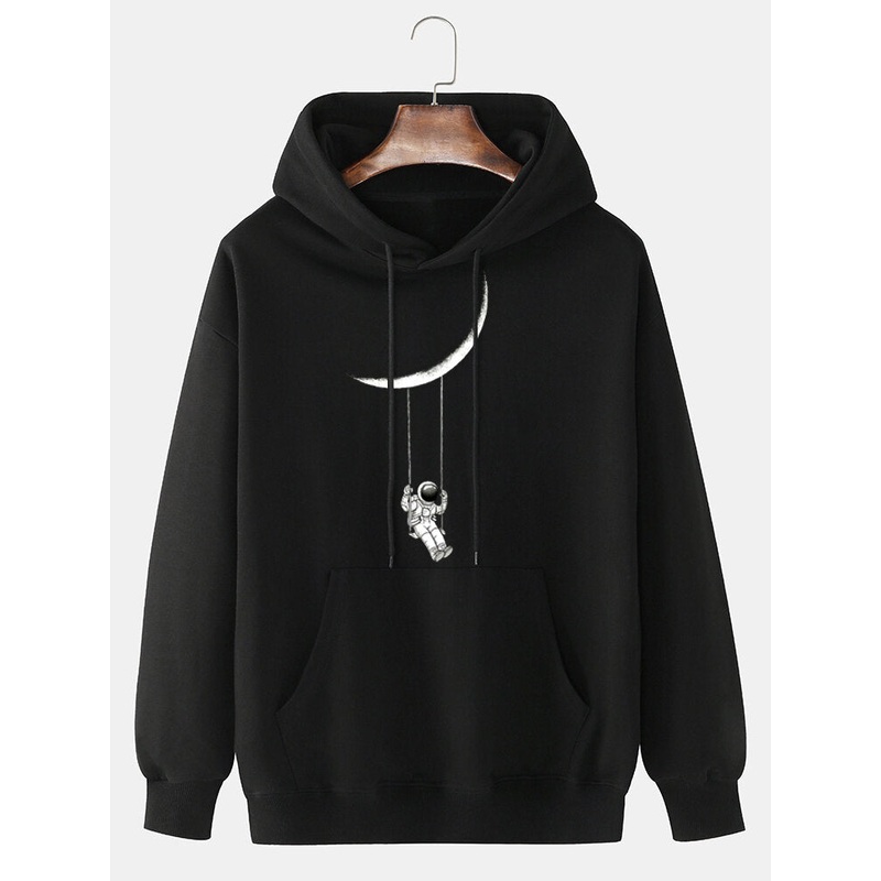 Mens Cartoon Astronaut Print Solid 100% Cotton Casual Pullover Hoodie