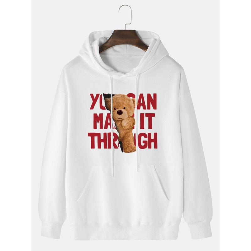 Mens Cartoon Bear Letter Print 100% Cotton Casual Drop Shoulder Hoodies