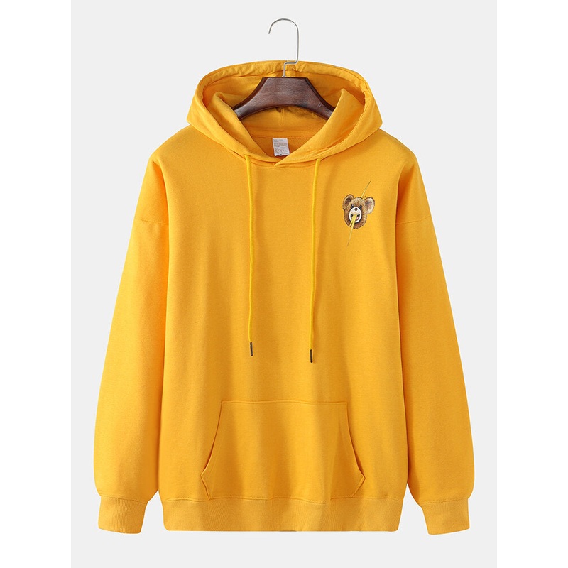 Mens Cartoon Bear Print Drop Shoulder Kangaroo Pocket Cute Hoodies