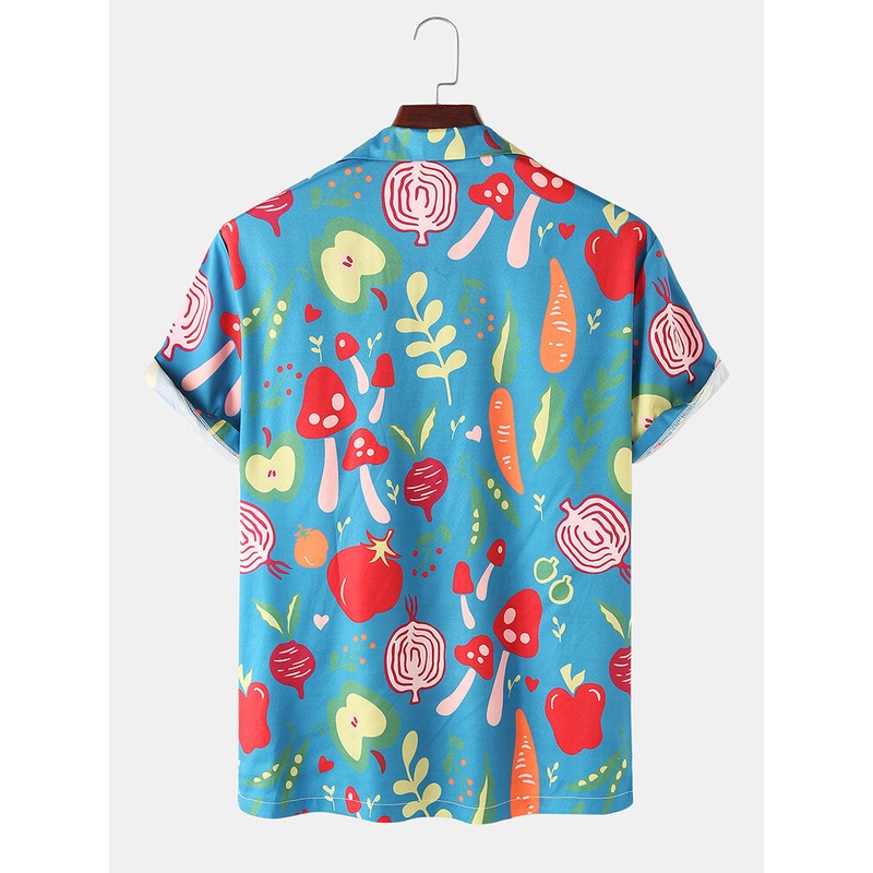 Mens Cartoon Fruit Vegetable Print Mushroom Revere Collar Short Sleeve Shirts